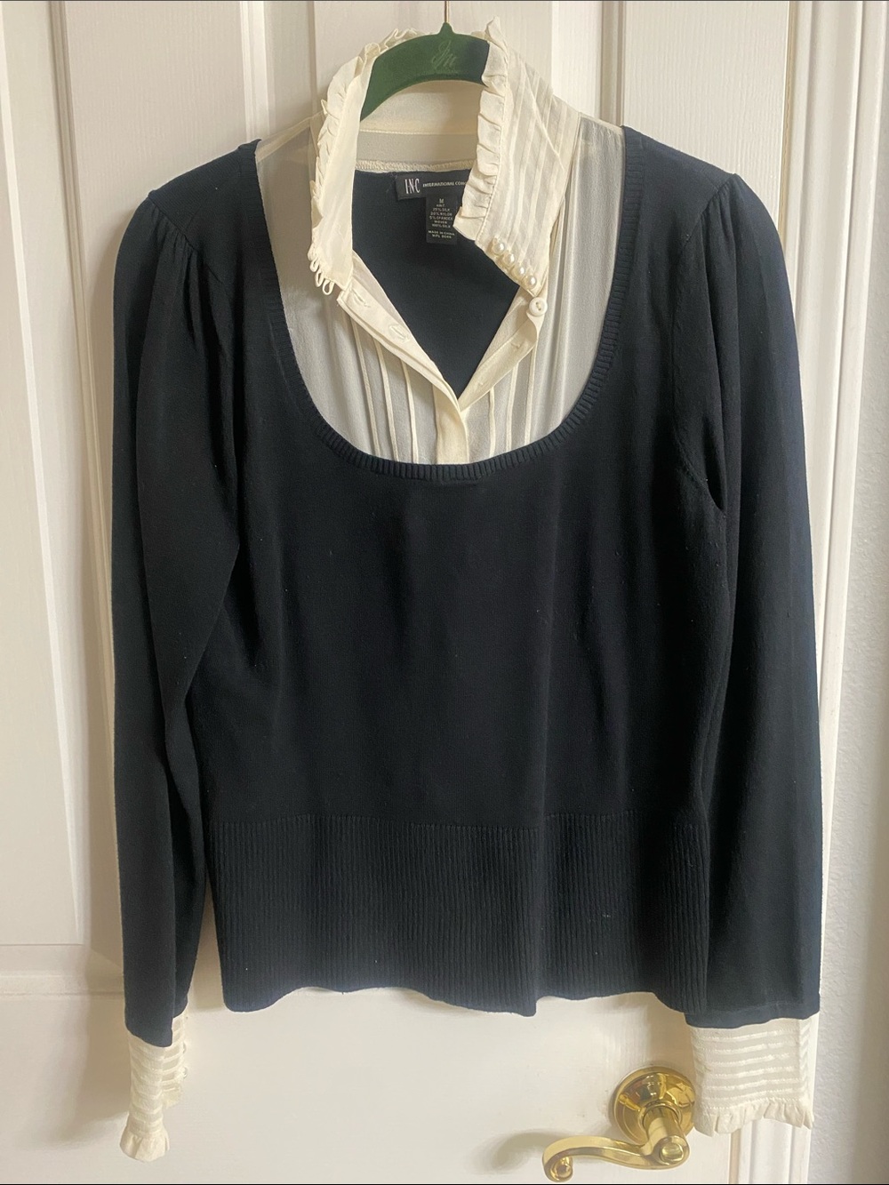 INC International Concepts Black Sweater with Cream Ruffled Collar and Cuffs